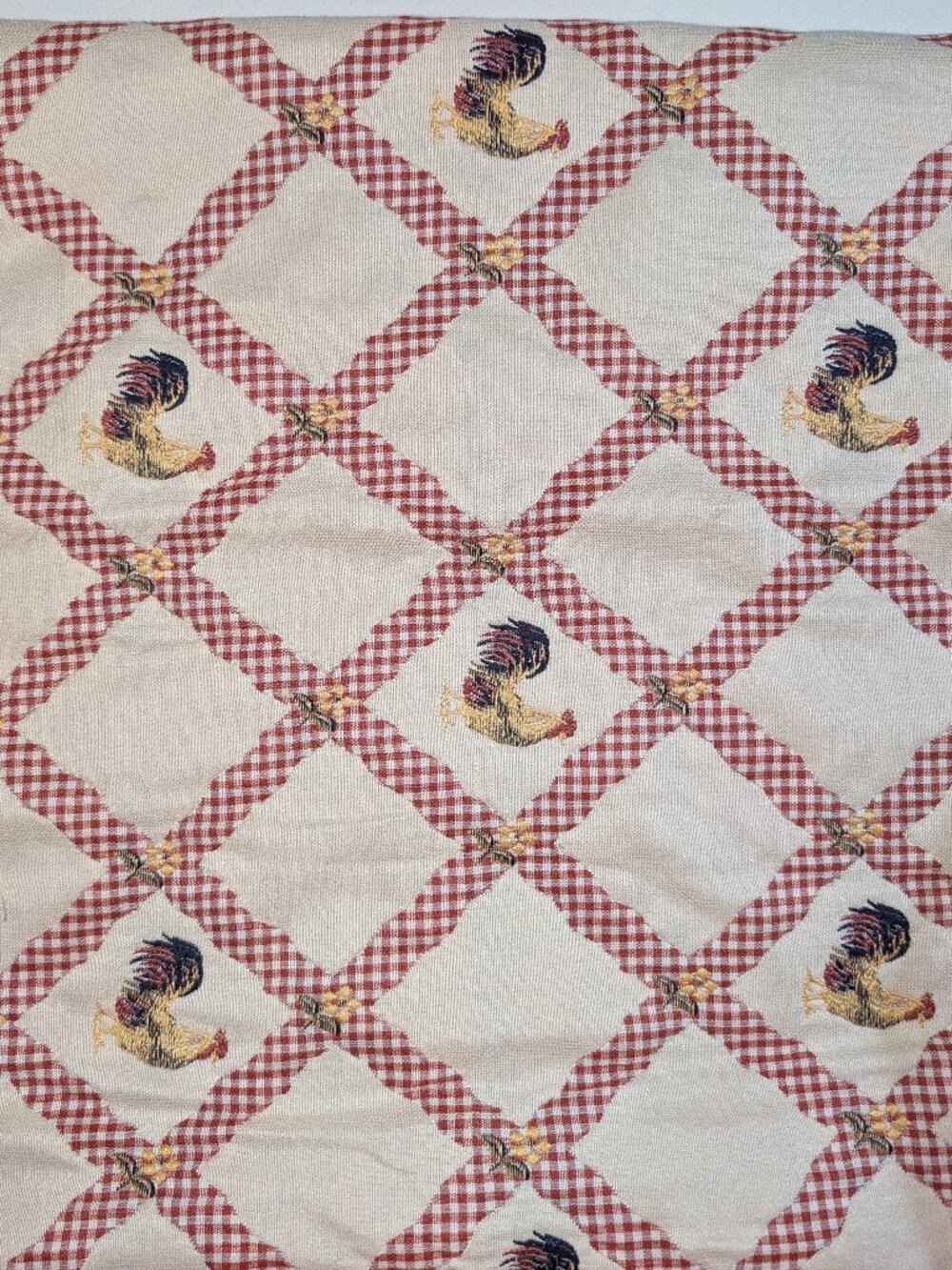 Vintage Gingham Rooster Trellis Woven & Embroidered Decor Fabric Remnant 12x54in